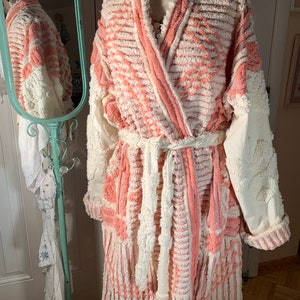 XL heavy plush “Peaches and Whipped Cream” chenille bathrobe Upcycled from vintage chenille bedspreads