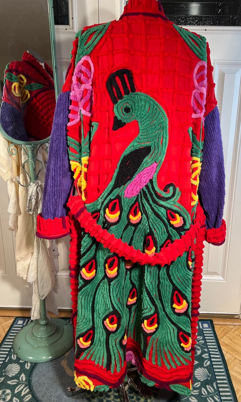 3XL glorious and plush Red Hat Society Peacock chenille bathrobe upcycled from vintage hand tufted chenille bedspreads image 2