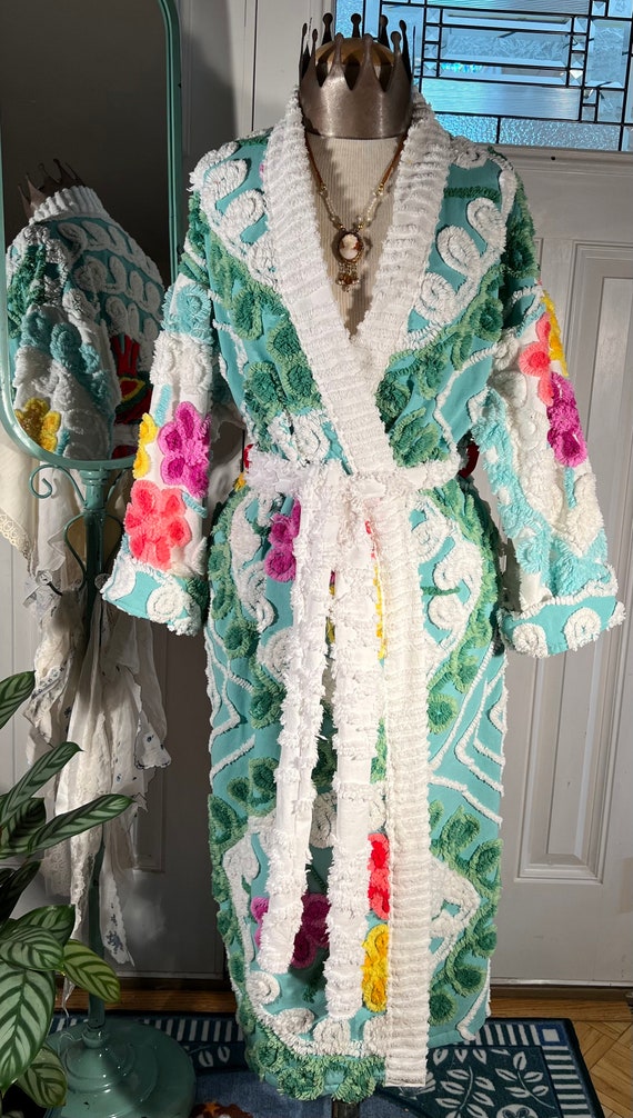 UpcycledGypsy Medium Soft Jungle Peacock Chenille Bathrobe Upcycled from Vintage Chenille Bedspreads