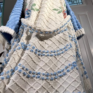 Medium fringed “Blue Wave” chenille bathrobe upcycled from vintage chenille bedspreads