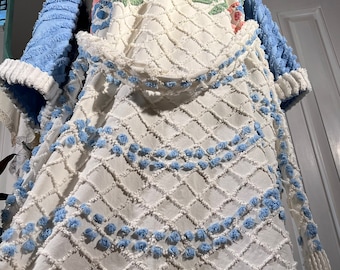 Medium fringed “Blue Wave” chenille bathrobe upcycled from vintage chenille bedspreads