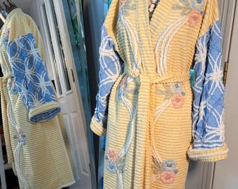 Small lightweight “Morning Sunshine” vintage chenille bathrobe upcycled from hand tufted chenille bedspread