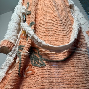 Large heavy “Peach Grove” vintage chenille bathrobe upcycled from hand tufted chenille bedspreads