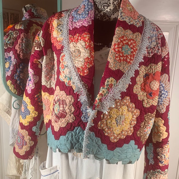 Heavy maroon and green grandmothers flower garden patchwork jacket Upcycled from vintage handmade quilt