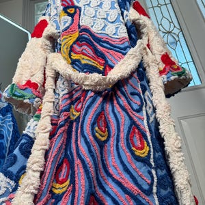Small unusual ‘Yankee Doodle Peacock’ vintage chenille bathrobe upcycled from hand tufted chenille bedspread