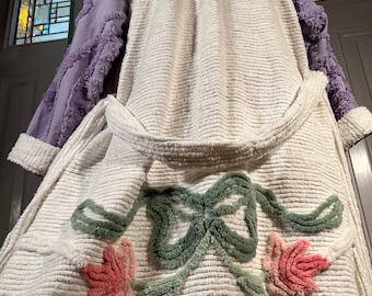 Large double chenille “Spring Bulb Flowers” chenille bathrobe upcycled from vintage chenille bedspreads