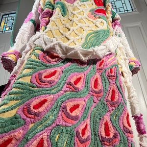 Medium super plush “Lilac Butter Triple Peacock” chenille bathrobe upcycled from vintage hand tufted chenille bedspreads