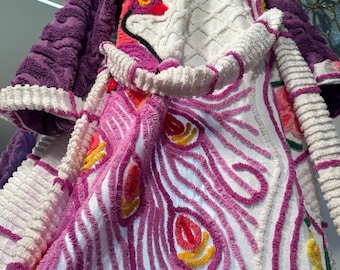 Medium soft “Peacock in Cathedral Window” vintage chenille bathrobe upcycled from hand tufted peacock chenille bedspread