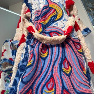 Medium soft “Fourth of July Triple Peacock” vintage chenille bathrobe upcycled from hand tufted chenille bedspreads
