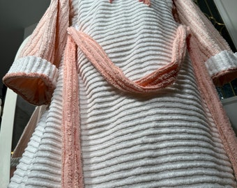 Small mid-length “Wrapped up in a Bow” vintage chenille bathrobe upcycled from chenille bedspread