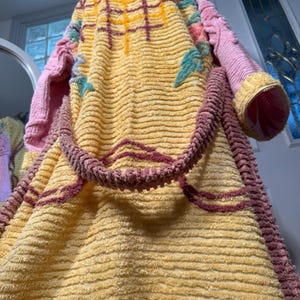 large super soft “canary yellow” vintage chenille bathrobe upcycled from hand tufted chenille bedspread