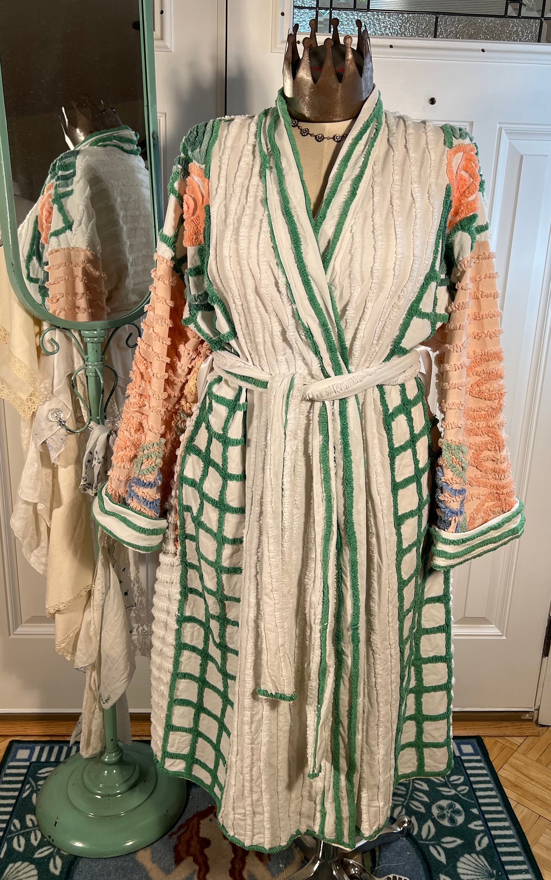 UpcycledGypsy Medium Heavy Peaches and Herb Chenille Bathrobe Upcycled from Vintage Chenille Bedspreads