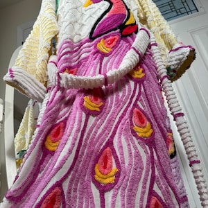 Small super soft “Twin Giant Peacocks” vintage chenille bathrobe upcycled from vintage hand tufted double peacock chenille bedspread