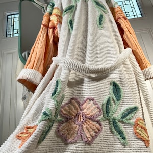 Large heavy “Spring Flowers” chenille bathrobe upcycled from vintage chenille bedspreads
