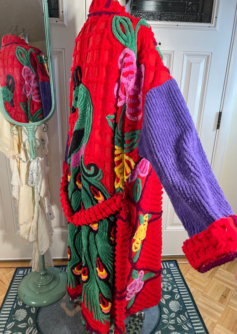 3XL glorious and plush Red Hat Society Peacock chenille bathrobe upcycled from vintage hand tufted chenille bedspreads image 5