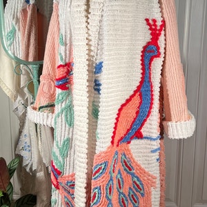 Small heavy “Dusty Rose Quadruple Peacock” chenille bathrobe upcycled from vintage hand tufted chenille bedspreads