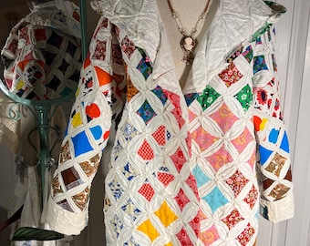 Medium bright ‘cathedral window’ patchwork quilt coat with hood upcycled from vintage handmade 1960s fabric quilt