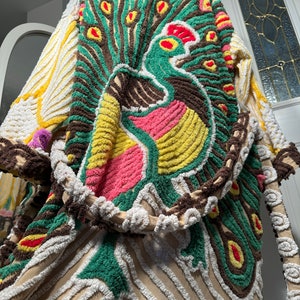 3XL super plush, heavy and RARE “Strutting Peacock” vintage chenille bathrobe upcycled from hand tufted chenille bedspread