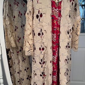 large heavy duster length crochet cardigan upcycled from vintage hand made crochet bedspread and tablecloth