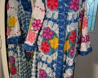 Small lightweight and soft “Blue Nanny” chenille bathrobe upcycled from vintage hand tufted chenille bedspread