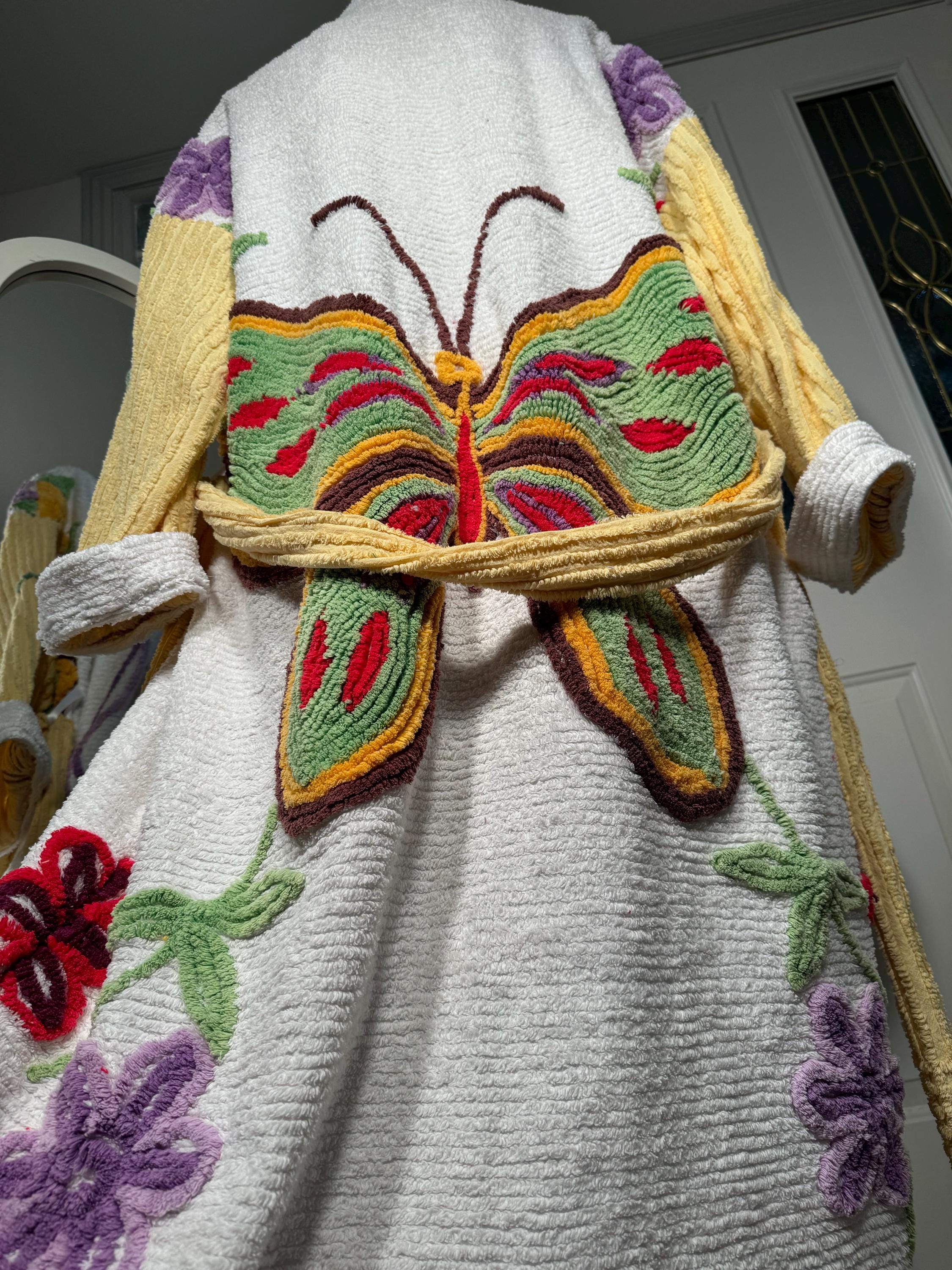 2XL heavy “Fly Away” vintage chenille bathrobe upcycled from hand tufted chenille bedspreads
