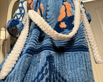 Medium super plush and heavy “Blue Angel” vintage chenille bathrobe upcycled from hand tufted chenille bedspreads