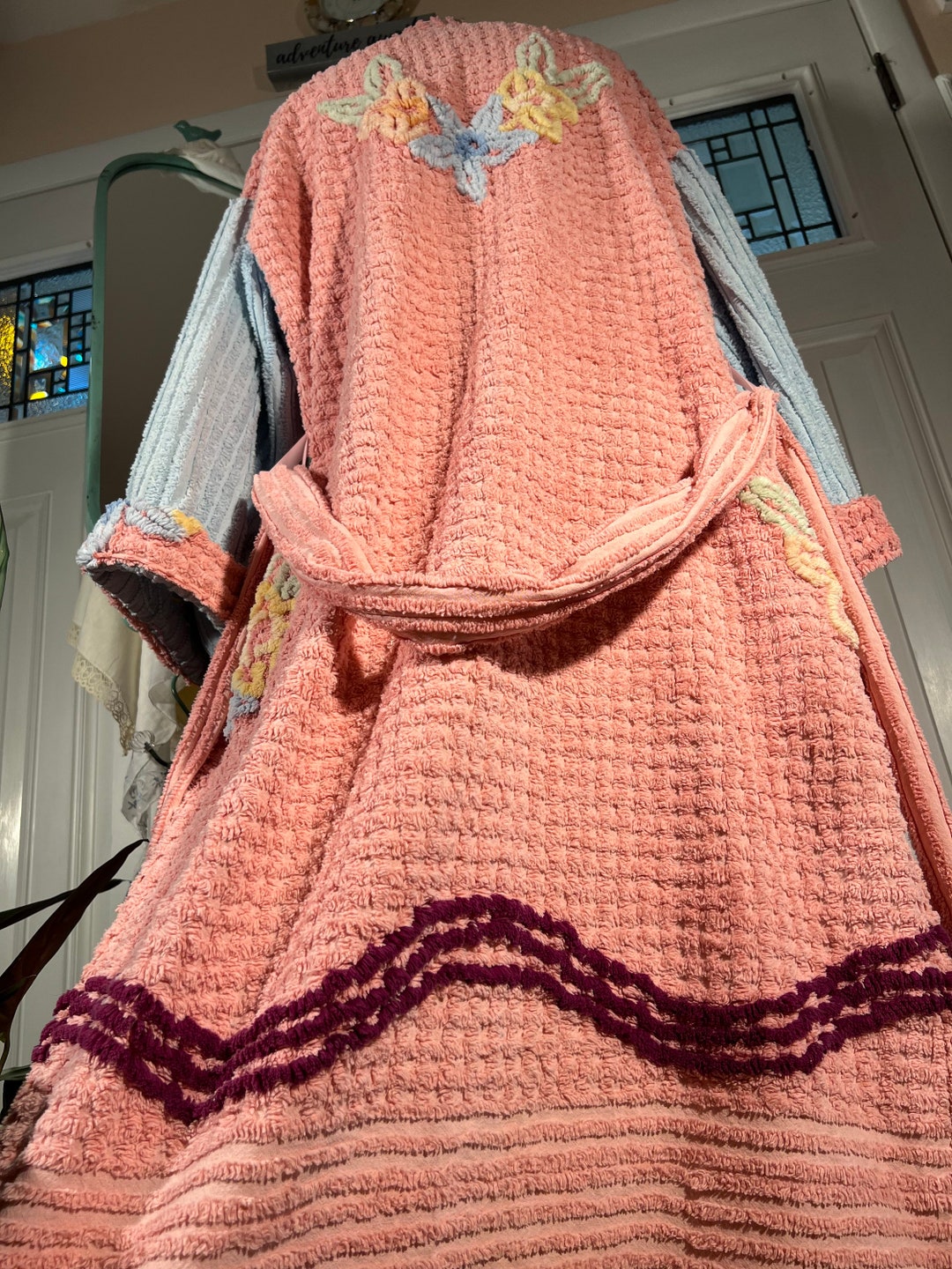 Medium Heavy cool Rose Chenille Bathrobe Upcycled From Vintage Chenille