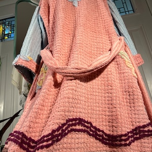 Medium heavy “Cool Rose” chenille bathrobe upcycled from vintage chenille bedspreads