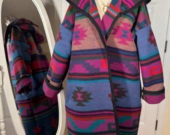 XL colorful ‘famous maker’ wool coat with hood upcycled from ‘famous maker’ premium wool blanket please read description