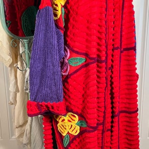 3XL glorious and plush Red Hat Society Peacock chenille bathrobe upcycled from vintage hand tufted chenille bedspreads image 4