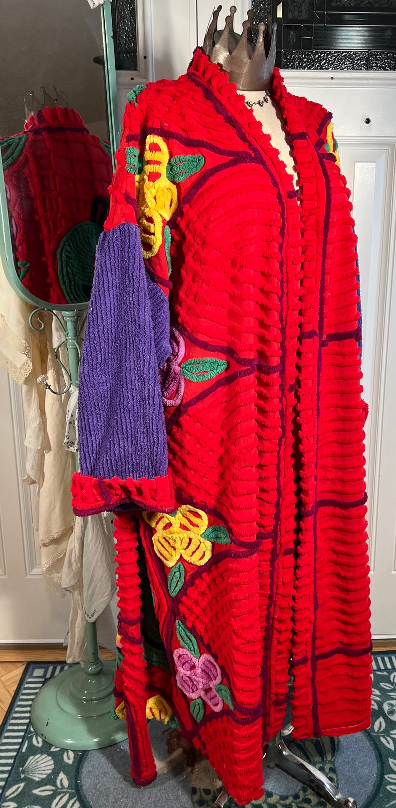 3XL glorious and plush Red Hat Society Peacock chenille bathrobe upcycled from vintage hand tufted chenille bedspreads image 4