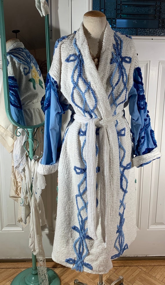 Medium Long Soft blue Bayou Chenille Bathrobe Upcycled From 