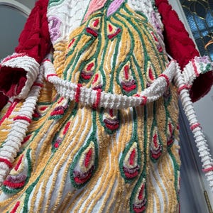 XL extra long “Cinnamon Peacock” vintage chenille bathrobe upcycled from hand tufted chenille bedspread