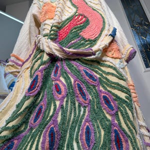 Small lightweight and soft “Soft Butter Peacock” vintage chenille bathrobe upcycled from hand tufted chenille bedspreads