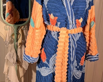 Large Uber plush and heavy “Midnight Blooms” chenille bathrobe upcycled from vintage hand tufted chenille bedspreads