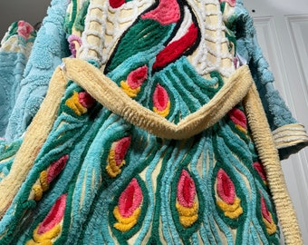 3XL plush and gorgeous “Morning Peacock” vintage chenille bathrobe upcycled from hand tufted vintage chenille bedspread