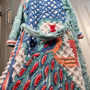 Small super plush and heavy ‘Mint Julep Peacock chenille bathrobe upcycled from vintage hand tufted chenille bedspread