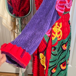 3XL glorious and plush Red Hat Society Peacock chenille bathrobe upcycled from vintage hand tufted chenille bedspreads image 10