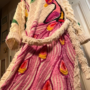 Medium super plush “Sunday Morning Triple Peacock” chenille bathrobe upcycled from vintage chenille bedspreads