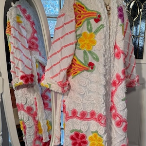 Medium plush and bright “Power Pink Triple Peacock” vintage chenille bathrobe upcycled from hand tufted chenille bedspreads
