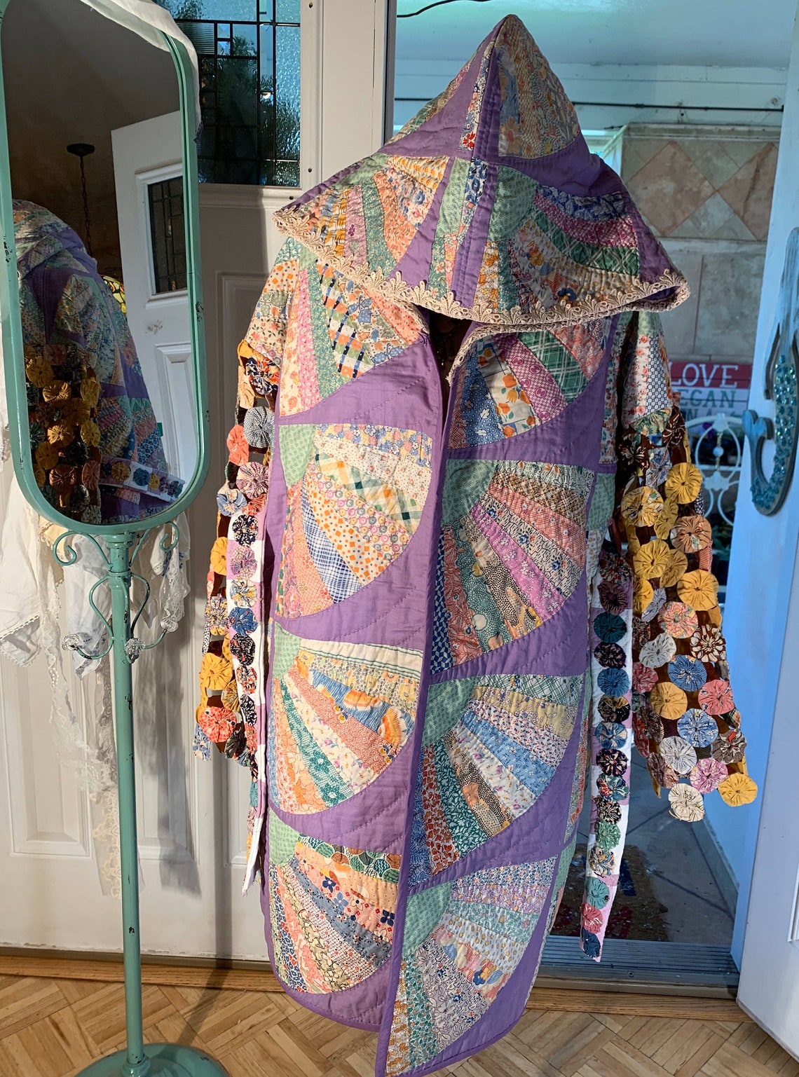 Medium Vintage Upcycled quilt coat with hood created from hand | Etsy