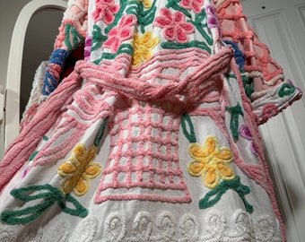 XL soft and lightweight “Barbies Easter Basket” chenille bathrobe upcycled from vintage handtufted chenille bedspreads