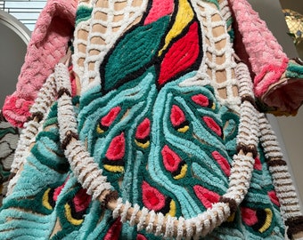 2XL super plush and heavy “Earth Angel Peacock” vintage chenille bathrobe upcycled from vintage hand tufted chenille bedspreads