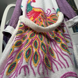 Large extra long “Precious Purple Peacock” vintage chenille bathrobe upcycled from hand tufted ‘double’ chenille bedspread
