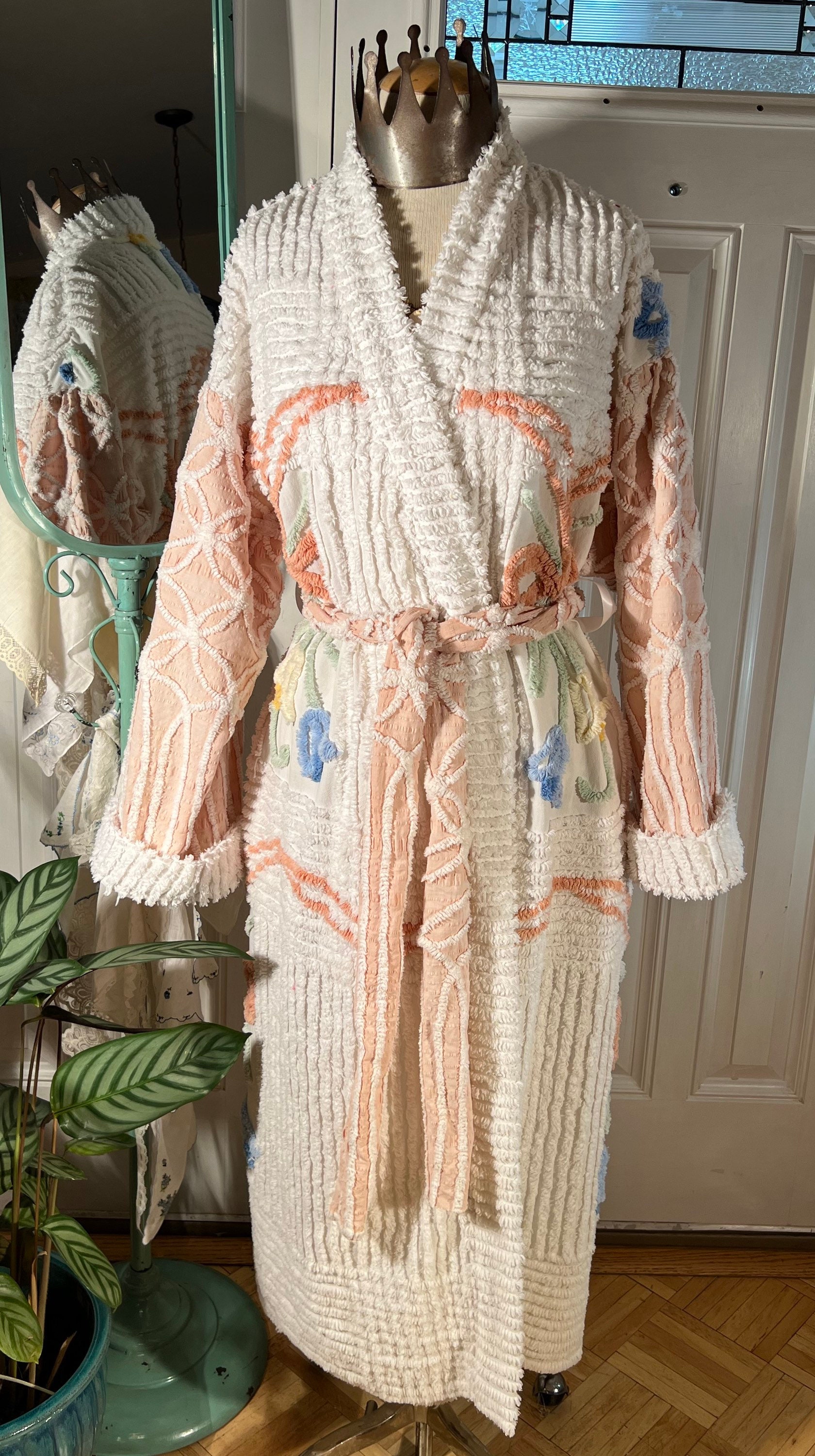 Small Heavy “7 Tulip Bouquets” Chenille Bathrobe Upcycled From - Main Image