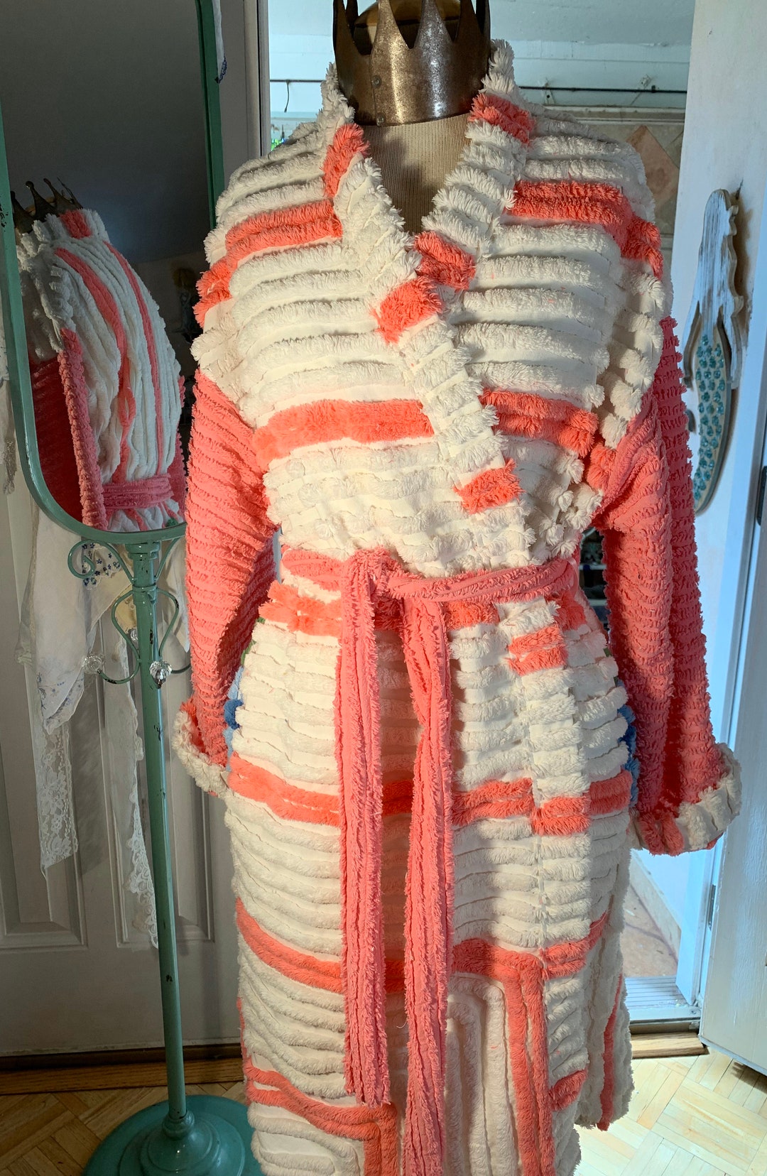 Large Super Plush Vintage Chenille Bathrobe Upcycled From Antique Hand