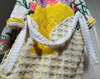 2XL super plush and heavy “Spring Flower Basket” vintage chenille bathrobe upcycled from hand tufted chenille bedspread