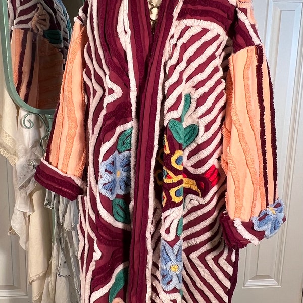 Combo jacket or bathrobe  “Merlot Triple peacock” chenille jacket upcycled from vintage chenille bedspreads