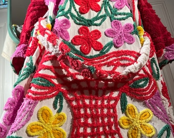 2XL long “Flaming Flower Basket” chenille bathrobe upcycled from vintage hand tufted chenille bedspreads