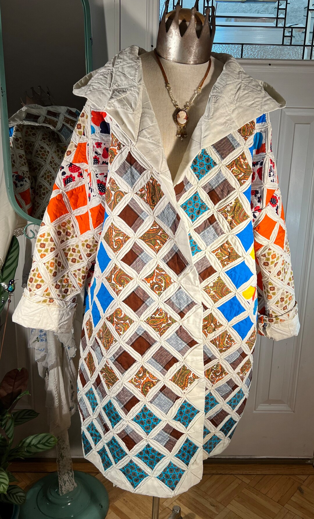 XL Heavy Hombre cathedral Window Patchwork Coat With Hood Upcycled From ...